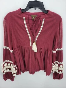 Top Vineet Bahl Anthropologie Nisha para mujer mediano granate marfil pompón boho - Imagen 1 de 8