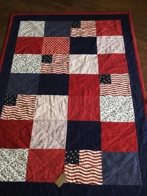 🇺🇸 patriotic flag quilt  blanket  red, white, blue hand stitched cotton! new! - Image 1 of 4