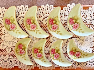 6 Lefton China Handpainted Roses Heritage Bone Half Moon Crescent Dish 3708 Set - Picture 1 of 3