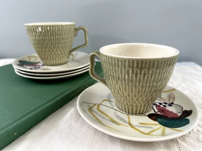 Xícara e pires Red Wing Capistrano caneca verde Basketweave pires pintados à mão - Imagem 1 de 4