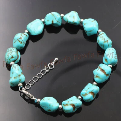 Браслет из натуральных 15x20 мм синих бирюзовых бусин в форме самородка 7/7,5/8 дюйма - Изображение 1 из 3