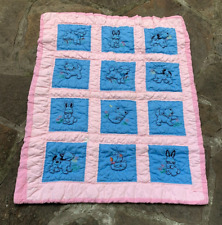 Vintage Baby Crib Quilt 12 Hand Embroidered Squares Animals Pink Blue 35x44