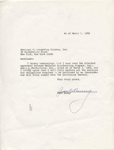 JACK BENNY - DOCUMENT SIGNED 03/01/1969 Cover