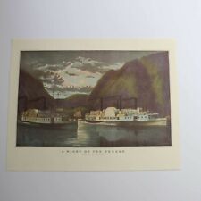 Currier and Ives Vtg Paper Print Night On Hudson Steamboat River Lith Art