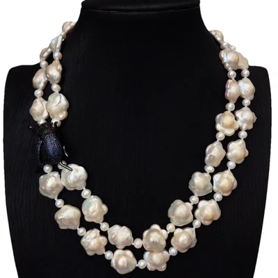 2 Strands Cultured White Flower Pearl Necklace Cz Pave Beetle Gunmetal Pendant - Image 1 of 4