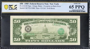 $50 1985 FRN OVERPRINT ON BACK ERROR Serials + Seals on Back RARE PCGS Gem 65PPQ - Picture 1 of 2