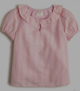 Crewcuts Size M 10-11 Striped Top Linen Blend Lined Pink Ruffled Collar Puff Slv - Picture 1 of 10