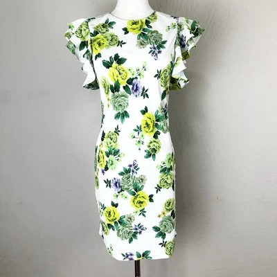 Amanda Uprichard Dress White Green Floral Size Small Fiori Mini Ruffle Sleeve - Image 1 of 4
