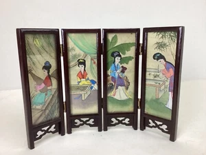 VINTAGE JAPANESE MINI FOLDING SCREEN 4 PANEL GLASS DIVIDER MINIATURE ART JAPAN - Picture 1 of 3
