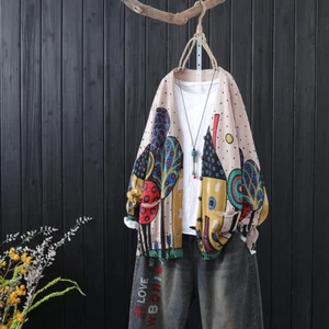 Lady Knitted Cardigan Sweater Coat Top V-neck Floral Ethnic Casual Loose Vintage - Picture 1 of 15