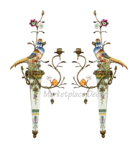 Porcelain Bronze Ormolu Bird Wall Sconce Candle Holders Parrot 30 Inch~ Set Of 2 - Picture 1 of 4