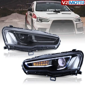 LED Headlights For 2008-2017 Mitsubishi Lancer EVO X Full Black Sequential A Set - Picture 1 of 8