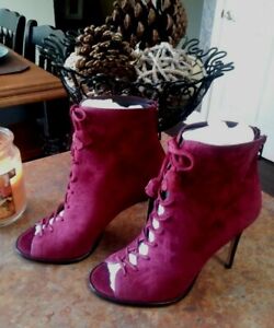 Coach Lena Lux Womens,Burgundy Suede Lace Up Zip Peep Toe Booties Shoes,Size 6.5