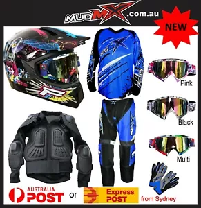 Blue Helmet+Armour+Pants+Jersey+Goggles+Gloves Protective MX MOTOCROSS JNR KIDS - Picture 1 of 13