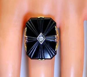 Beautiful Vintage 10K Yellow/Rose/Green Gold Onyx & CZ Ring - Picture 1 of 7