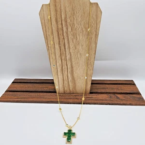 Gold & Bezeled Rhinestone Necklacew  Green Crystal Cross & Rhinestone Accentw - Picture 1 of 8