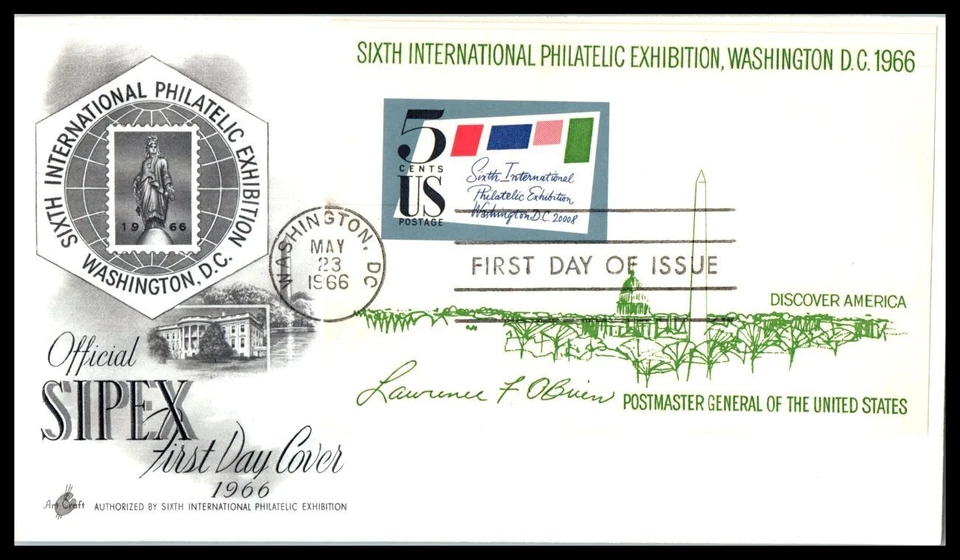1966 SIPEX Philatelic Exhibit sheet Sc 1311 official FDC ArtCraft cachet (L56 - Image 1 of 1