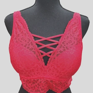 Pink Victoria Secret Bra MEDIUM? Push Up Red Lined Bralette Lace Sexy Underwire - Picture 1 of 11