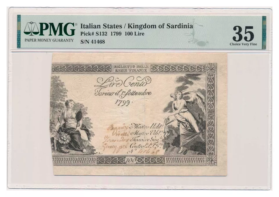 ITALIAN STATES (KINGDOM OF SARDINIA) banknote 100 Lire 1799 PMG VF 35 - Image 1 of 4