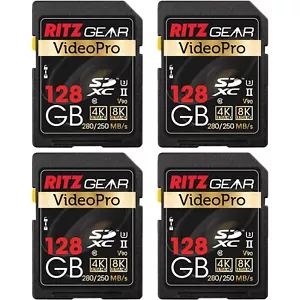 Ritz Gear 128GB High-Speed SDXC UHS-II SD Card, C10, U3, V90, HD & 8K - 4 Pack - Picture 1 of 5
