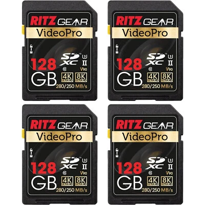 Ritz Gear 128GB High-Speed SDXC UHS-II SD Card, C10, U3, V90, HD & 8K - 4 Pack - Image 1 of 4