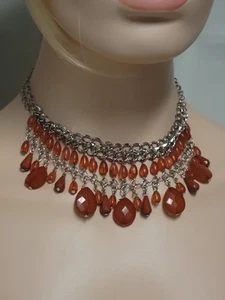 Fringe Choker Necklace Statement Silver Tone Coral Red Beaded 14.5-18" - Picture 1 of 11