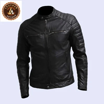 Men’s Leather Jacket Black Moto Racer Genuine Sheepskin Leather Jacket Best Gift - Image 1 of 3