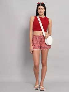 Women's Beach Wear Relaxing Shorts Pants Red & White Stripe Summer Cotton Shorts - Picture 1 of 8