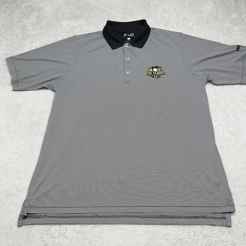 Pittsburgh Penguins Polo Shirt Mens Large L Blue White Striped 50th Anniversary Cover