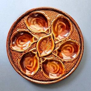 Vintage St Clement France Brown Majolica French Oyster Plate 4589 (AS-IS: Nicks) - Picture 1 of 11