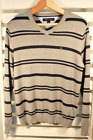 Tommy Hilfiger Mens Med V Neck Gray Black Striped Long Sleeve Flag Logo Sweater 