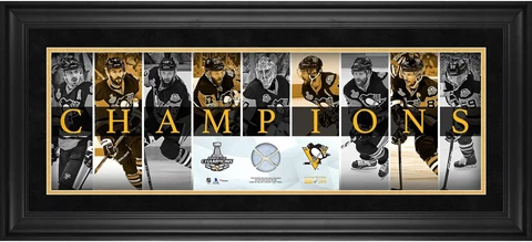 Penguins '17 Stanley Cup Champs Framed 10x30 Pano w/Piece of Net Cover