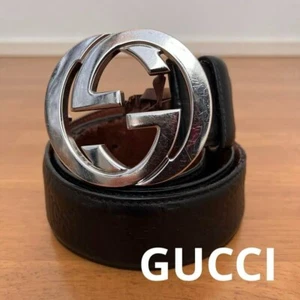 GUCCI Guccissima Interlocking G 411924 Belt Black x Silver Leather Used - Picture 1 of 8