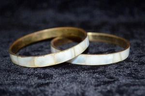 Pair Vintage Bracelet Moroccan Brass Berber Bangles with Mother of Pearl Inlay - Picture 1 of 8
