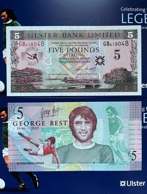 Set of 2 Commemorative George Best £5 Notes UNC consecutive numbers uncirculated - Image 1 of 4