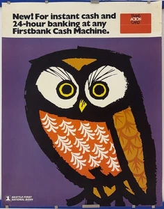Póster original vintage Seattle First National Bank Owl Bank efectivo Firstbank 1970 - Imagen 1 de 3