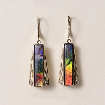 Vintage 14K Gold Rainbow Ammolite and Diamond Dangle Earrings - Image 1 of 4