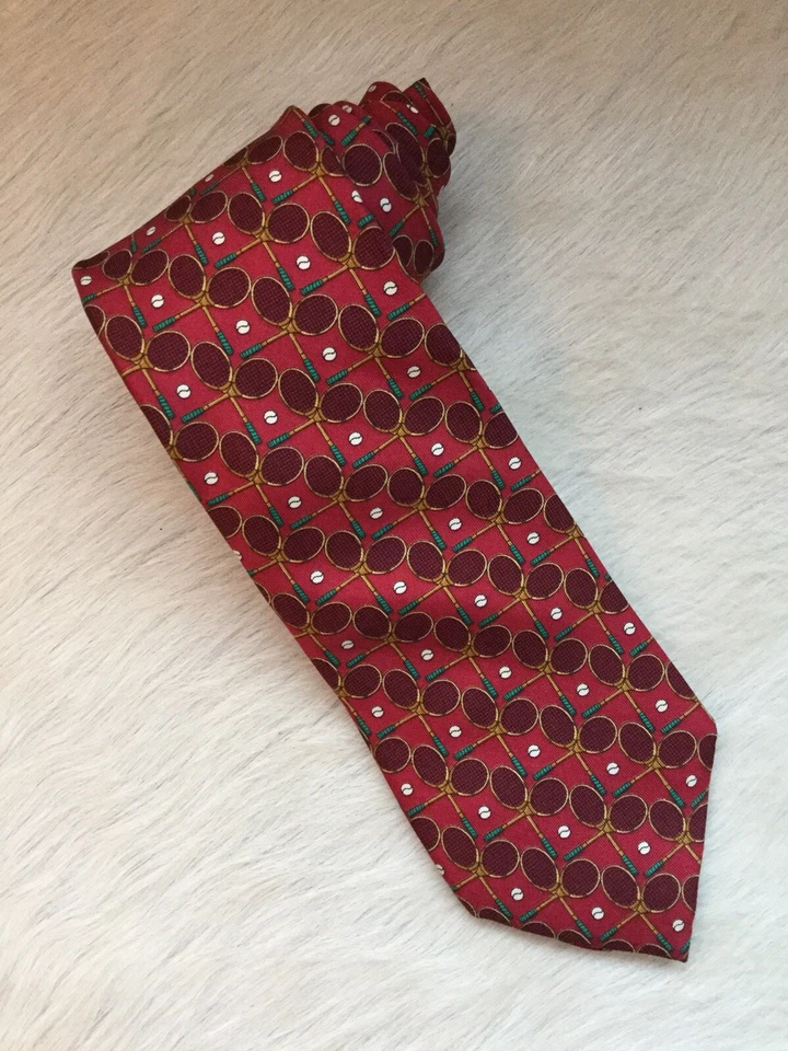 LANDS END Hombre Corbata Deportes Tenis Raqueta y Pelotas Seda Hecha en EE. UU. ¡Clásica, Divertida! Foto 1 de 4