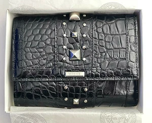 New In box Vintage Gianni Versace Crocodile Print Black Leather wallet w/ Metal - Picture 1 of 8