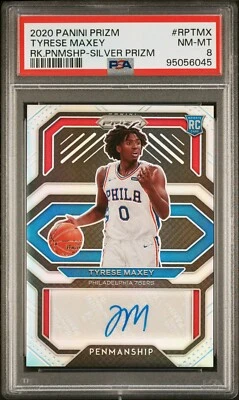 2020 Panini Prizm Tyrese Maxey Silver Penmanship Rookie Card RC Auto PSA 8 76ers - Image 1 of 2