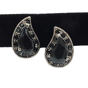 Monet Paisley Clip On Earrings Black Cut Glass Silvertone 3/4" - Picture 1 of 4