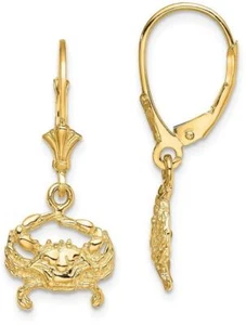 28mm 14K Yellow Gold 2-D Blue Crab Leverback Earrings K4443 - Picture 1 of 3