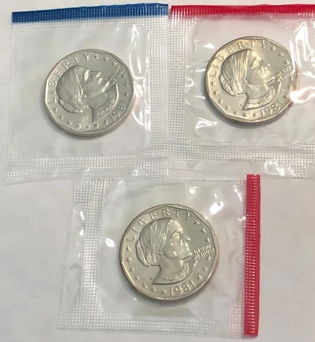 (3pcs) 1981 P,D,S BU Susan B Anthony dollars sealed in mint set cellophanes. #r@ Cover