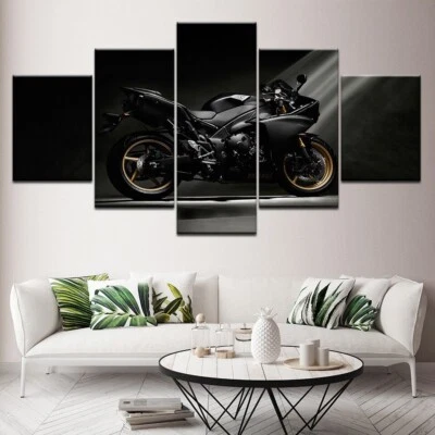 R1 Black Sports Motorcycle 5 Panel Modern Canvas Print Wall Art Poster - Image 1 of 4