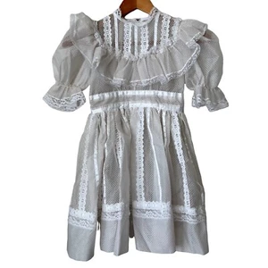 Vtg Girls Swiss Dot Flocked Sheer Pinafore Dress Ruffle Lace Trim Ivory Size 7 8 - Picture 1 of 7