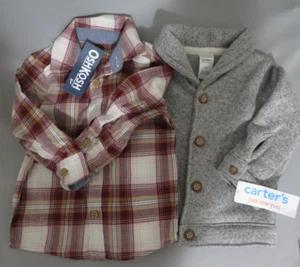 New with Tags Oshkosh Boys Plaid Shirt & Carter's Fleece Lined Knit Jacket 12mo. - Picture 1 of 7