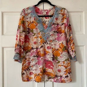 Blusa Boho Sundance Floral Bordada Manga Larga Túnica Algodón Talla Mediana - Imagen 1 de 7