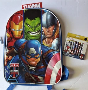 Marvel Heroes Pattern Collage Kids Backpack Brand New & Marvel Spidey Crayons - Picture 1 of 4