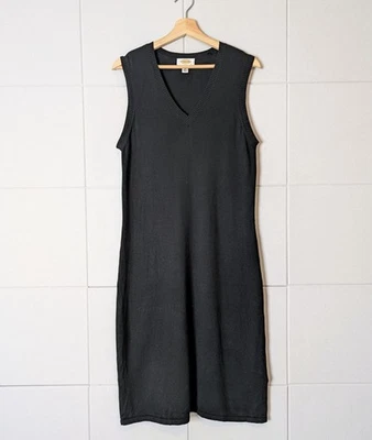 Talbots Vintage 90s Black Silk Wool Minimalist Knit Sleeveless V Neck Midi Dress - Image 1 of 4