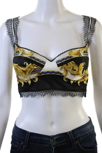 Versace Womens Sleeveless V Neck Lace Trim Silk Crop Top Black White Size IT 42 - Picture 1 of 7
